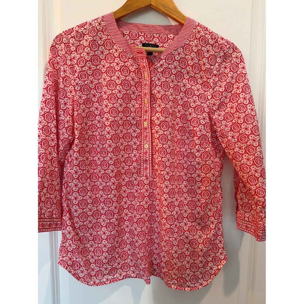 Talbots Petites Red White Floral Cotton Tunic Top Henley 3/4 Sleeve SP